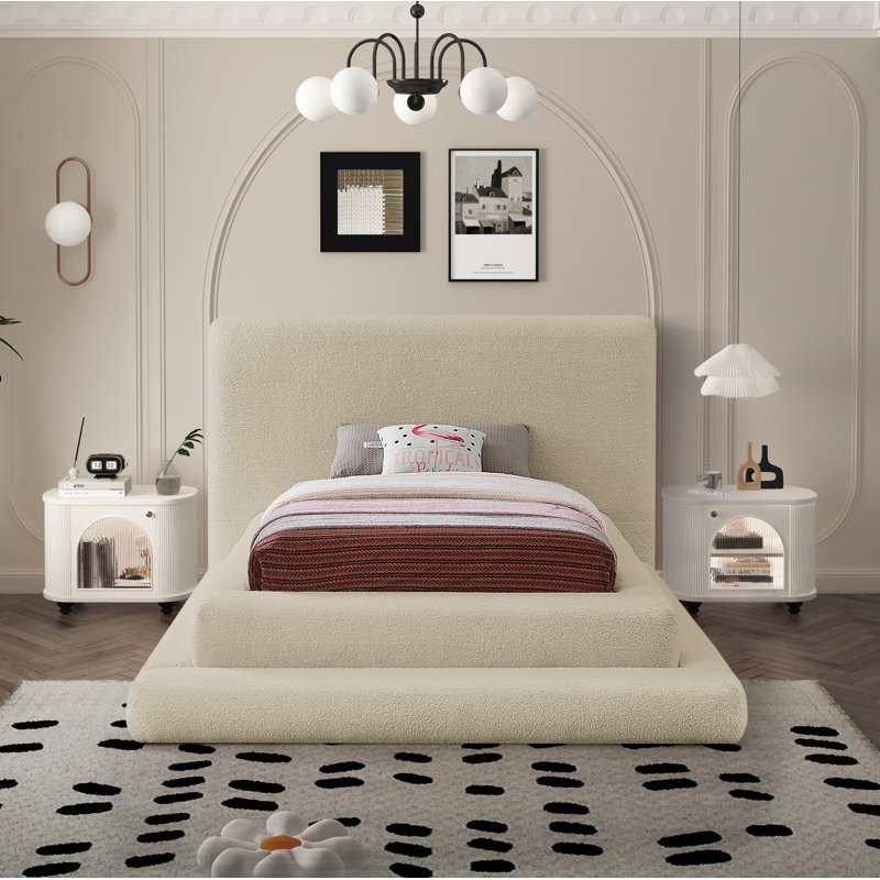 Hoffarth Upholstered Platform Bed, Beige Faux Shearling Teddy Fabric, Twin