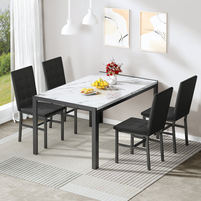 Ensemble de salle à manger 5 pièces en marbre - table compacte et 4 chaises en velours, Noir, noir, noir, noir