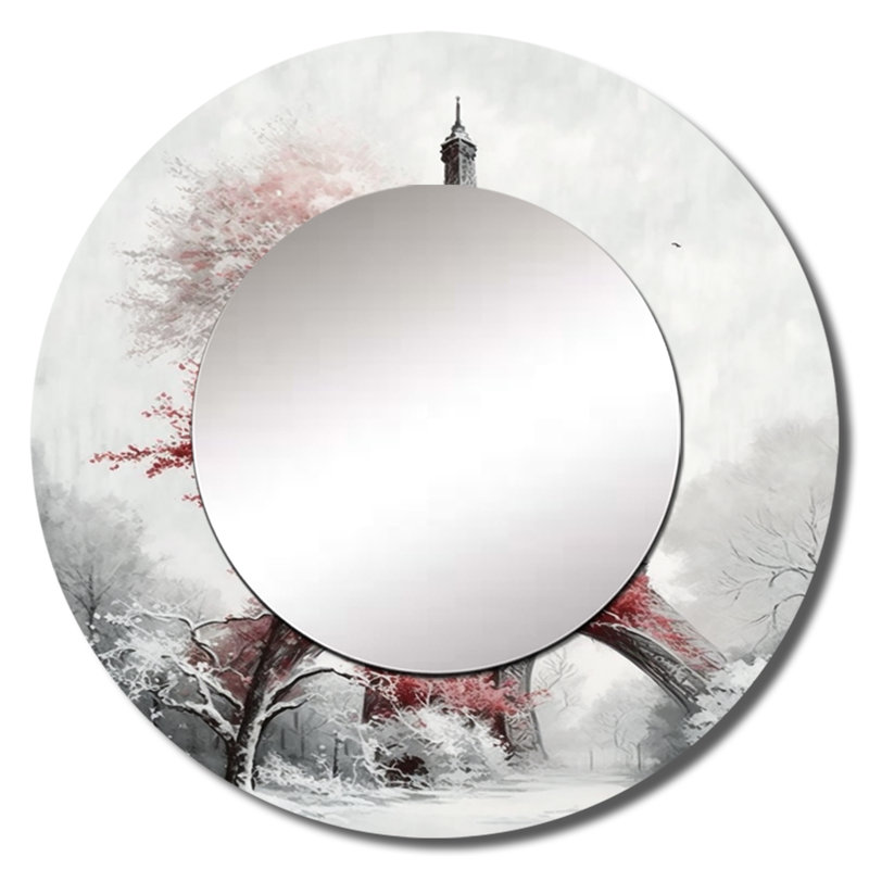 Pradyumn Fall Scenery In The City III - miroir paysage romantique unique, grand miroir mural rond rouge, impression d'art en métal