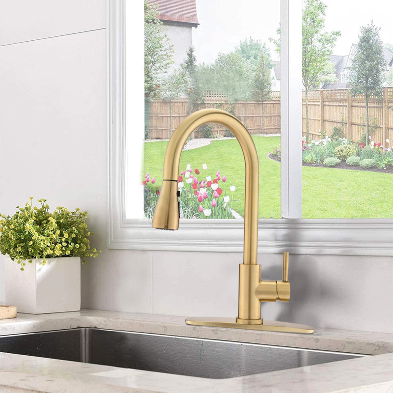 Brushed Gold Kitchen Faucet, Stainless Steel Construction, Rust , 1.8Gpm Flow Rate, 20'' Hose Pull Down Steel, Finish, 8.66" Spout Reach, Construction