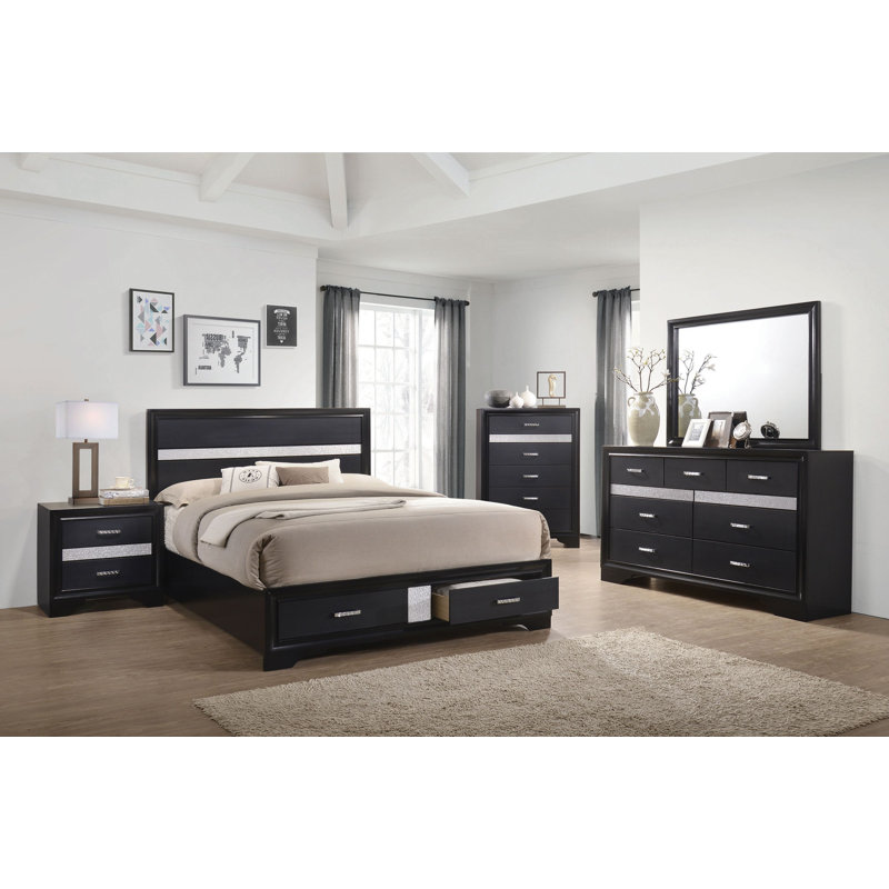 Dunfries Abagael Storage Bedroom Set, King, Black, 5 Pcs: Bed, Nightstand, Chest, Dresser, Mirror