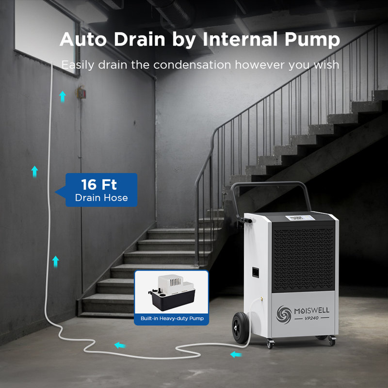 240 Pints Commercial Dehumidifier With Pump Automatic Continuous Draining for Basements & Industrial Sites up to 8,500 Sq. Ft.