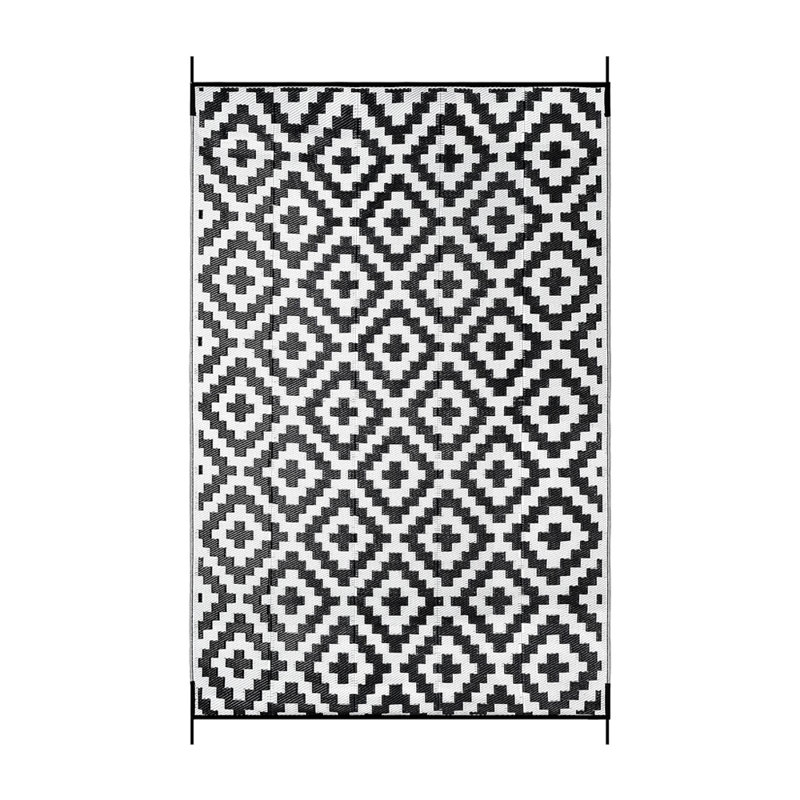 Black and White Cross Pattern Outdoor Rug Camping Plastic Straw Mats, Rectangle 9' x 12'