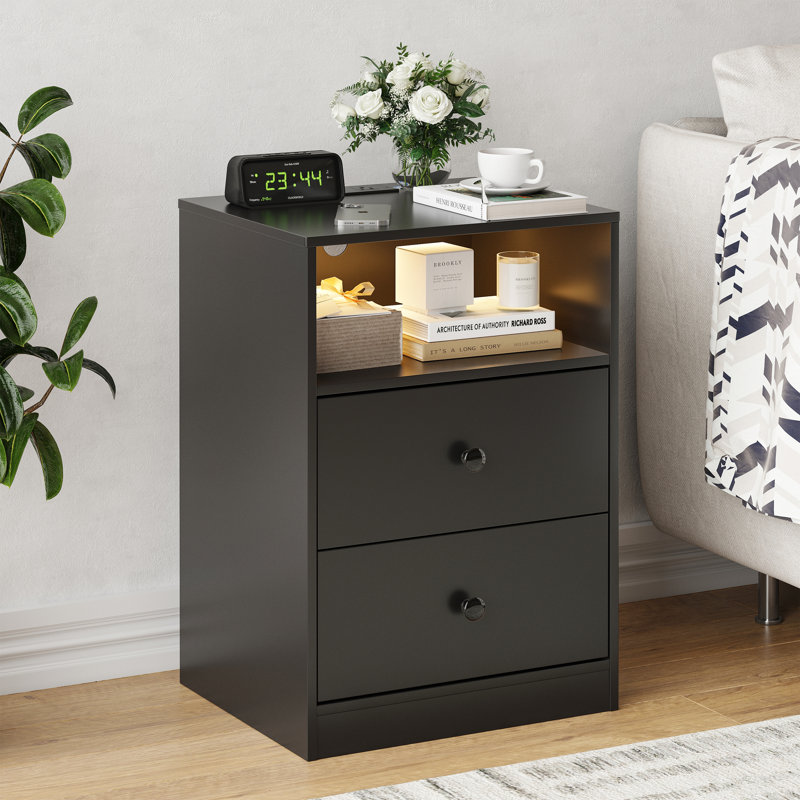 Modern Nightstand with Charging Station & Smart LED Light, Bedside Table with 2 Drawers and Open Shelf, Small End Table for Bedroom, Black