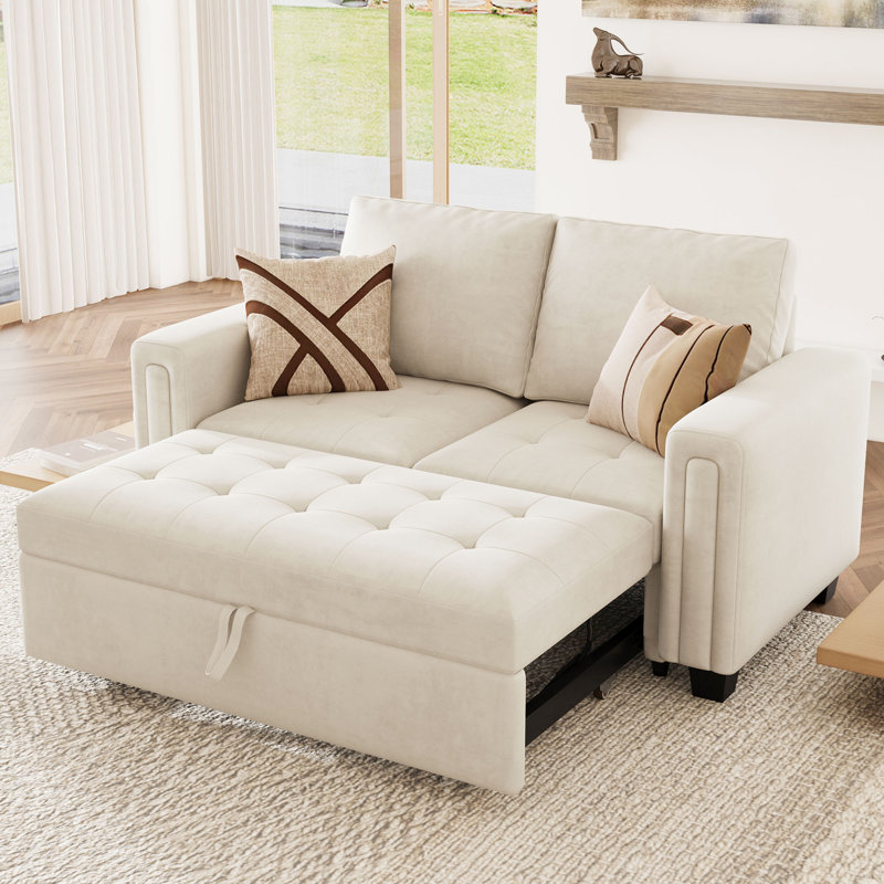 Shavera Velvet Modular Sectional Loveseat Sleeper Sofa With Pull Out Couch Bed For Living Room Apartment, Beige Velvet