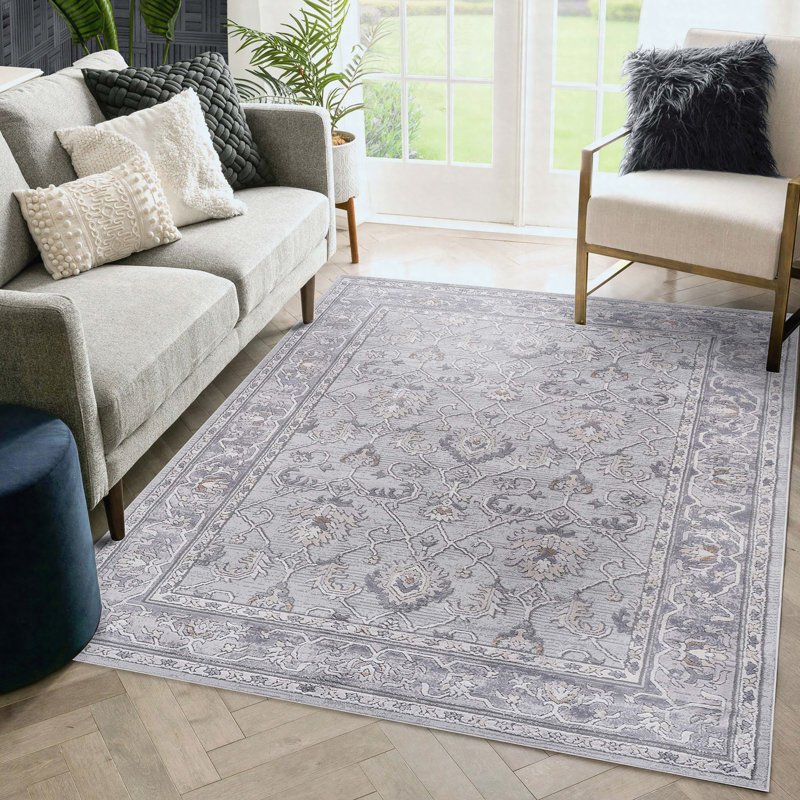 Tapis oriental gris 6 x 9 ivoire, tapis de salon rétro à poils courts sans perte de poils, Ivory+Grey