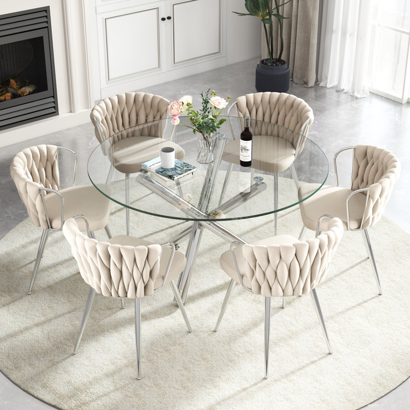 Ensemble de salle à manger 47 po, Beige, 7 pièces : table, 6 chaises, Argent argent