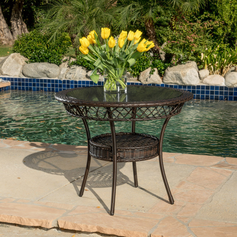 27" Glass Table: Tempered Glass Top & Storage Basket, Durable PE Wicker/Iron Frame, 27.51" H x 34.01" W x 34.01" D