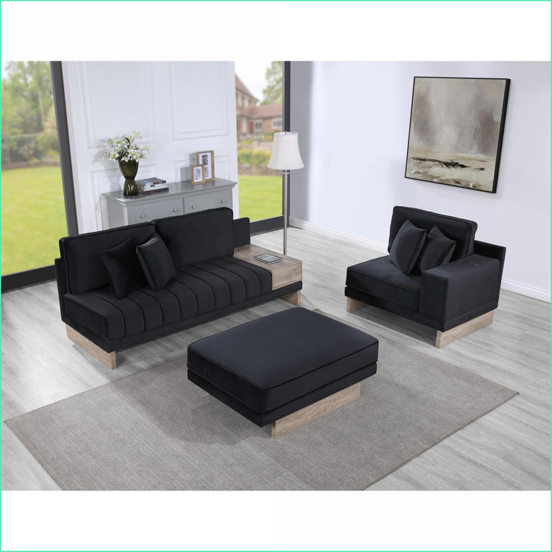 Sectional Sofa 122.5"W Reversible with Storage Ottoman, USB/Charging Ports | Black | Velvet