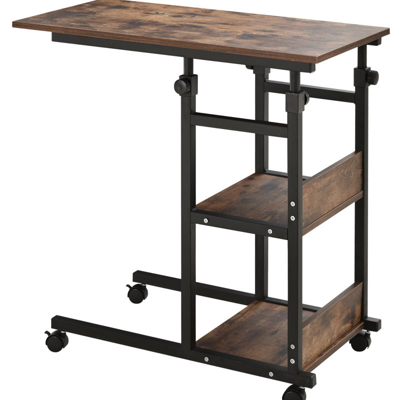 Table d'appoint à roulettes avec 3 compartiments de rangement et hauteur réglable, style industriel brun, sur roulettes.