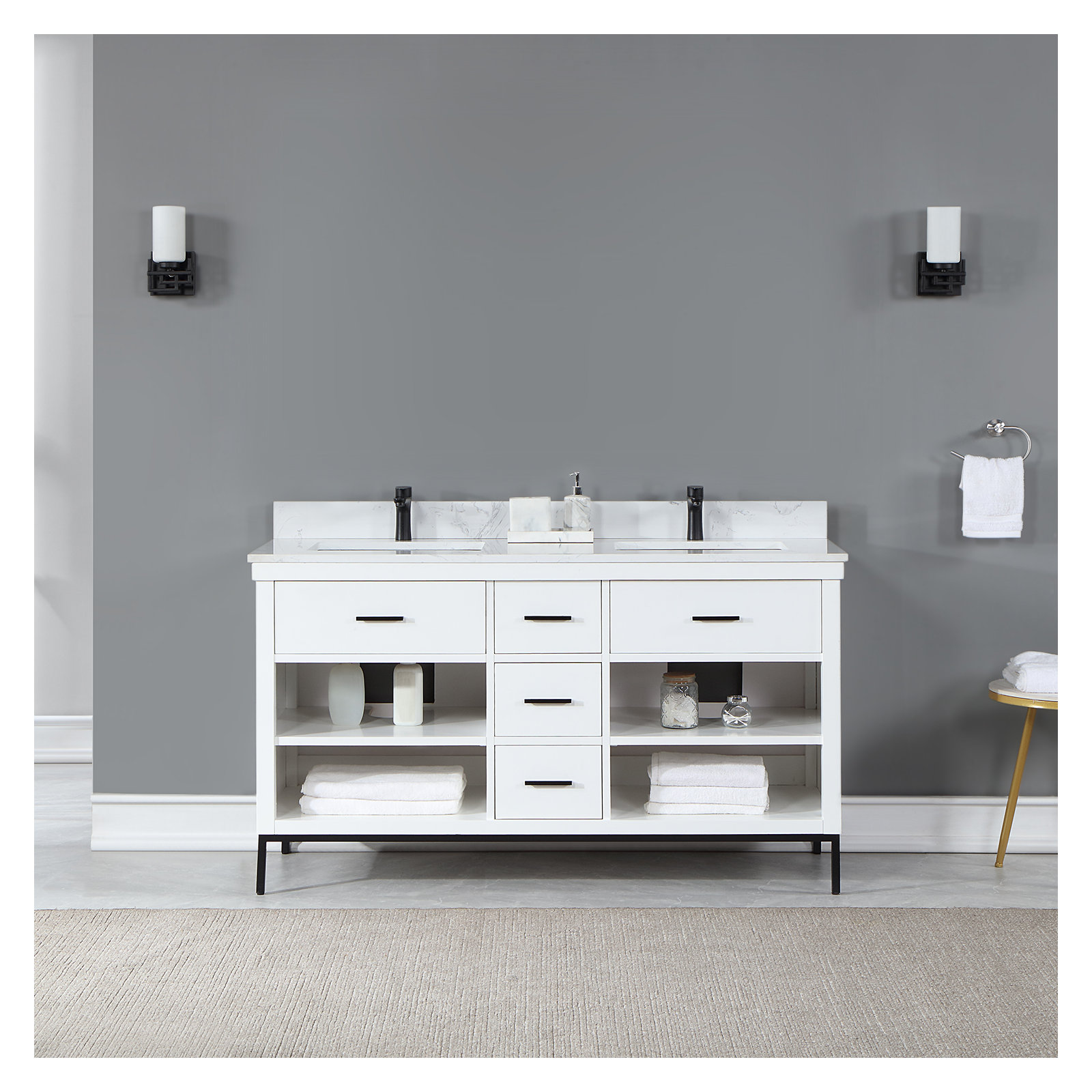 Kesia 60'' Double Bathroom Vanity, Matte Black, White