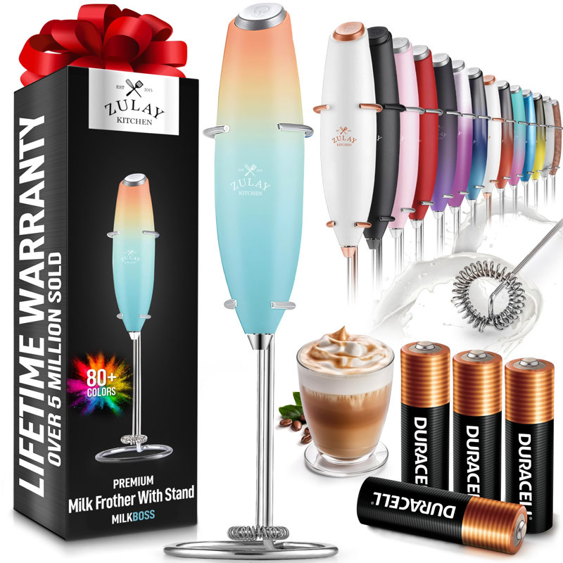 Zulay Kitchen Milk Frother with Batteries 4pcs Duracell Included - Handheld Milk Frother Wand Drink Mixer for Coffee, Latte, Cappuccino, Tea, Hot Chocolate