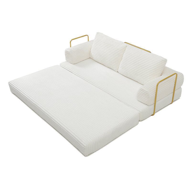 Canapé-lit convertible, canapé-lit pliant en velours côtelé avec matelas en futon et coussins, canapé désossé pour le salon, beige