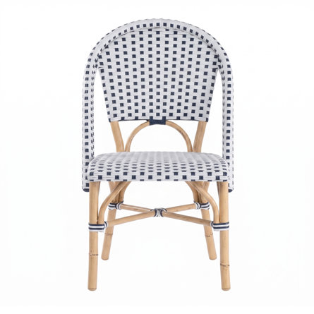 French bistro dining chair with a rounded back, woven navy and white checkered seat and backrest, and light wood-finished legs with cross-bracing.