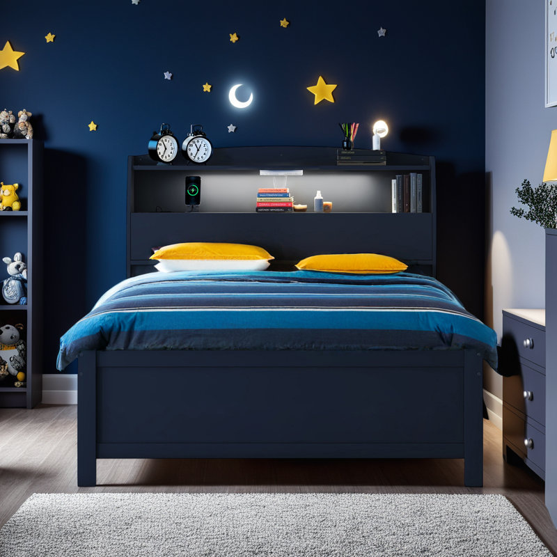 FAlano Wood Storage Platform Bed with LED Headboard, USB Charging Ports, Trundle Bed & Drawers, Full / Double, Gray