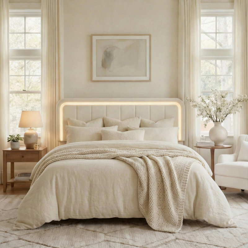 Soft Cream Style Boucle Cloud Bed With Led Light Adjustable Headboard And 4 Drawers, Queen
