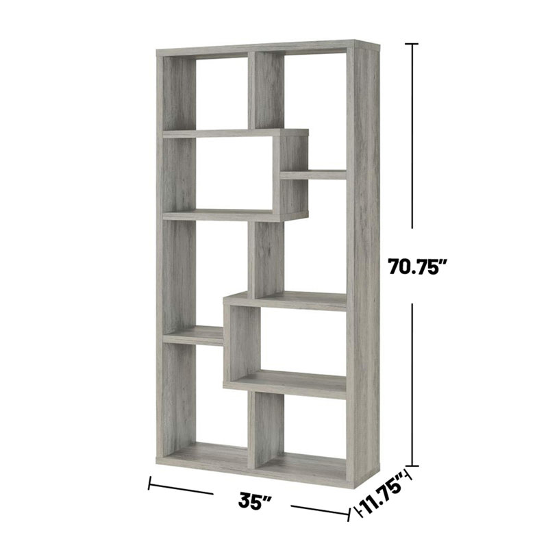 10-Shelf Geometric Bookcase In Grey Driftwood Finish, (10 Shelves) 70.75"H x 35"W x 11.75"D, Light Gray