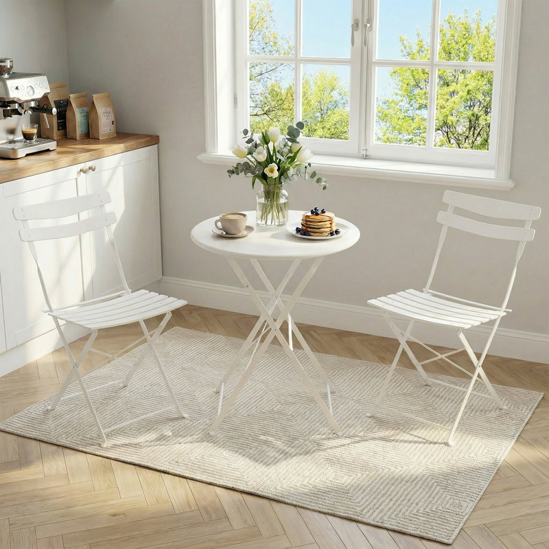 Collapsible Metal Patio Bistro Set 3-Piece – Compact Outdoor Table & 2 Folding Chairs – Space-Saving, No Assembly Needed – For Garden, Yard, Balcony –white