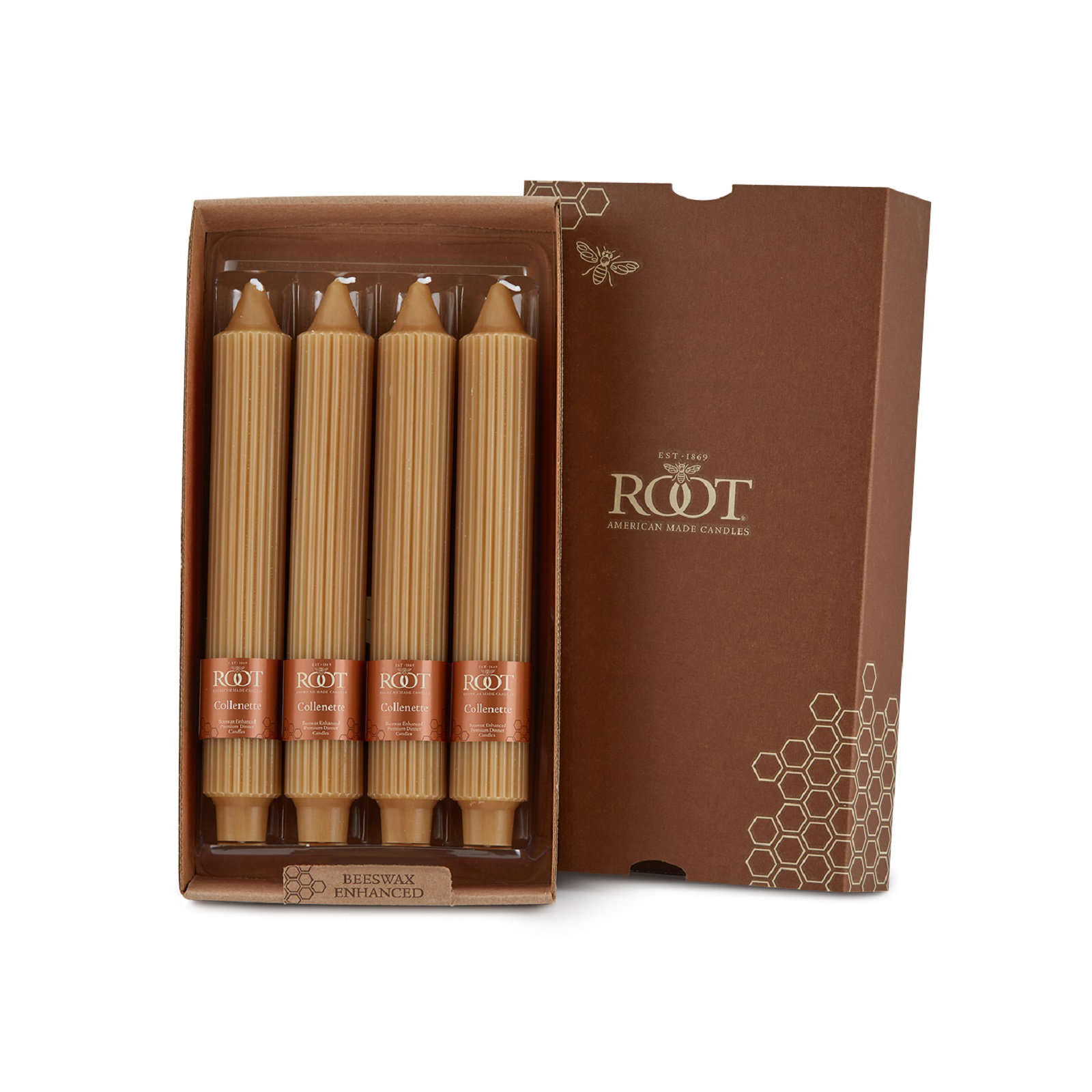 Grecian Collenette Unscented Taper Candle, Beeswax, 9" H x 1.25" W x 1.25" D