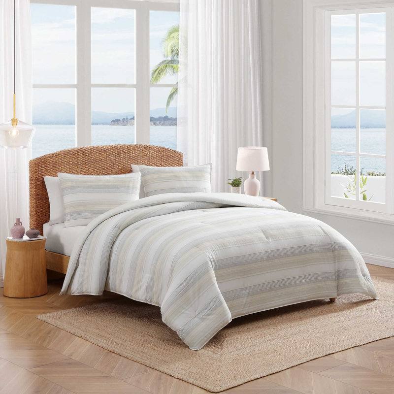 Tommy Bahama Canal Island Stripe Cotton Grey Comforter Set, King Comforter + 2 King Shams