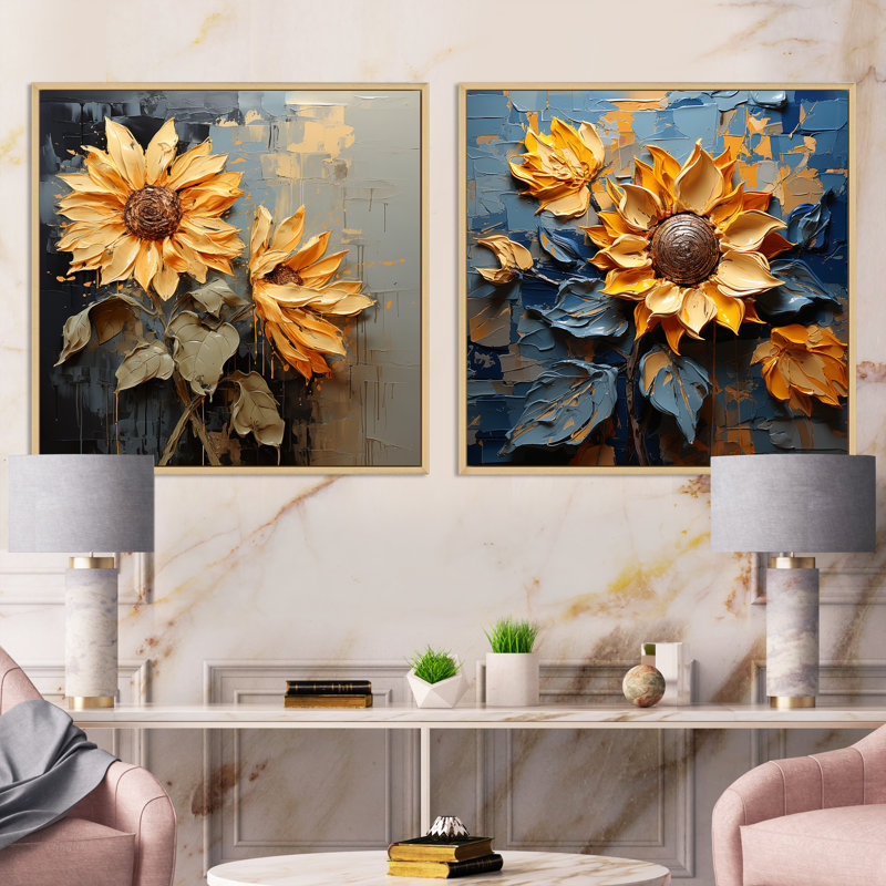 Tournesols dans des tons orageux - Ensemble de 2 tournesols carrés, Cadre flottant brun, H 30 po x l 61 po