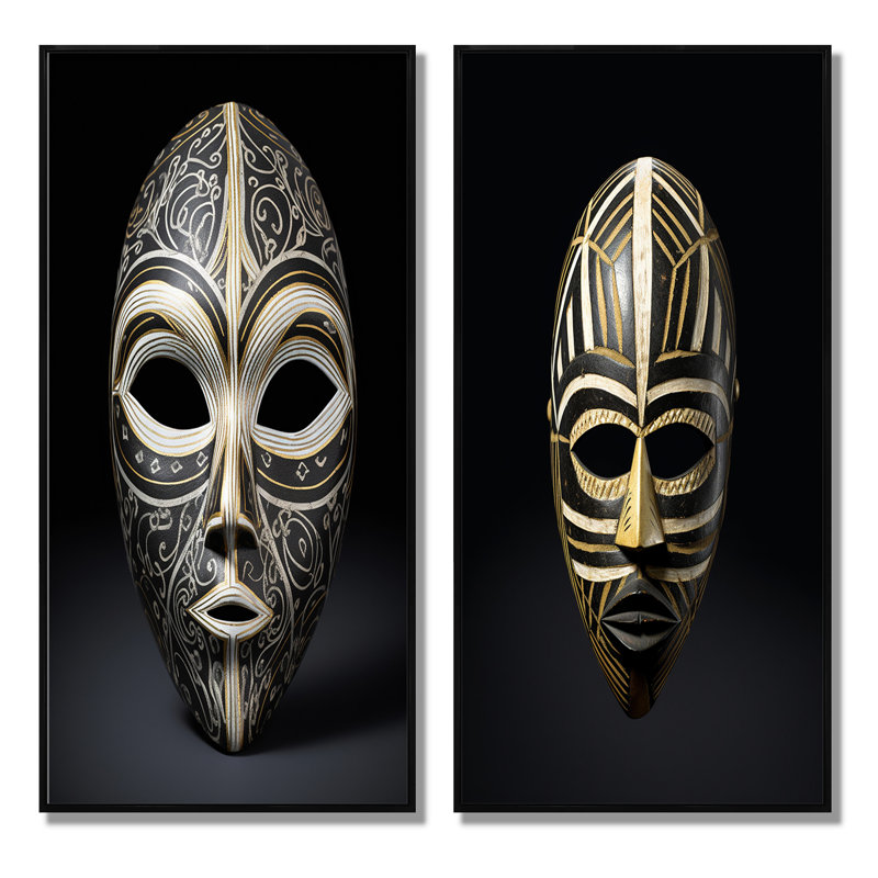 «Ethnical Traditional African Mask XIII», 2 pièces sur toile, Cadre noir, H 40 po x l 40 po