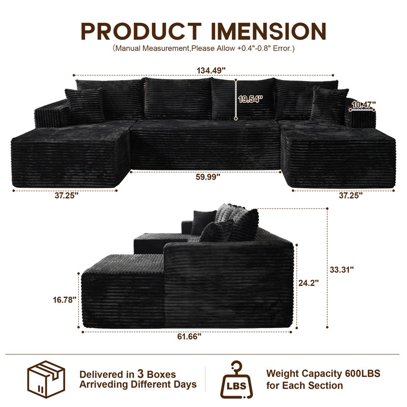 Navarrie Boneless 134" U-Shaped Sectional, No Assembly Required Compression Sofa with Dual Chaises, Black