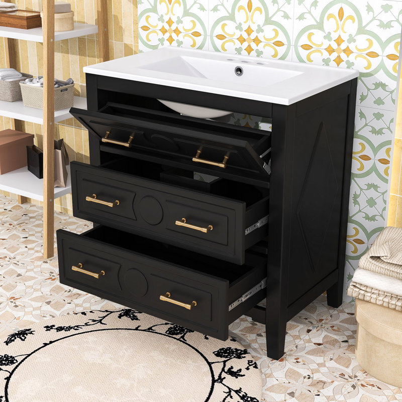 Élégant meuble-lavabo compact avec lavabo en céramique, tiroirs de rangement et protection anti-débordement, Noir