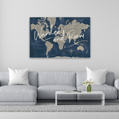 World Map Collage Deep Wander contemporain bleu gris blanc beige Compas