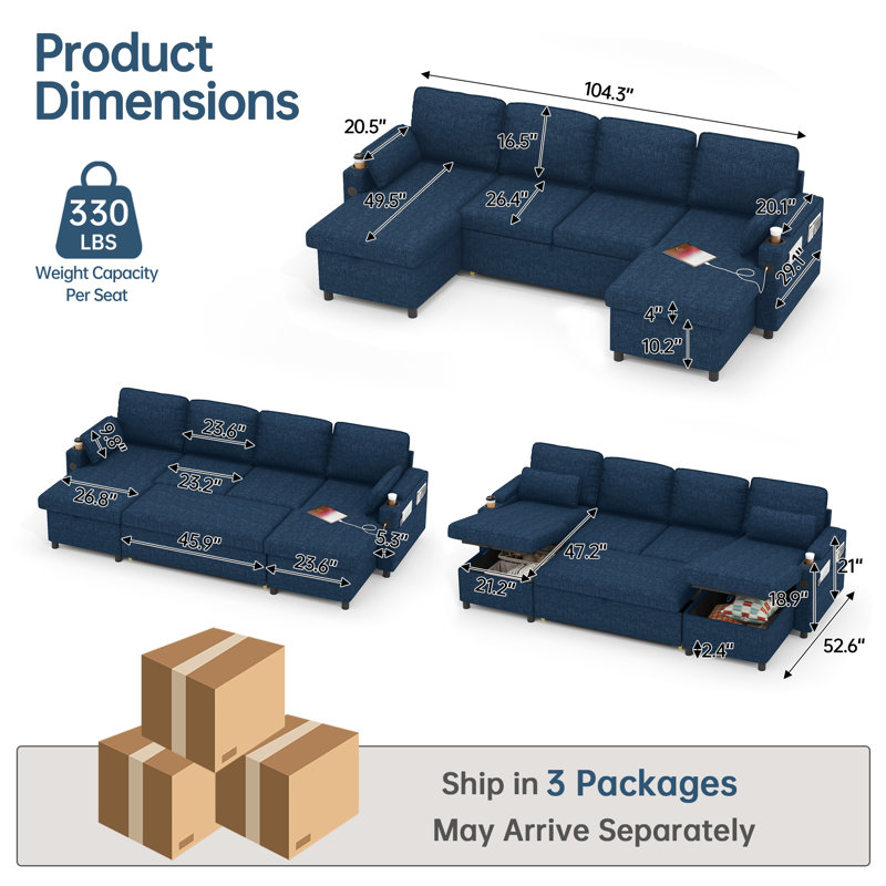 Canapé-lit en U escamotable 2 en 1 avec charge USB, chaise de rangement, porte-gobelet pour appartement, salon, Bleu