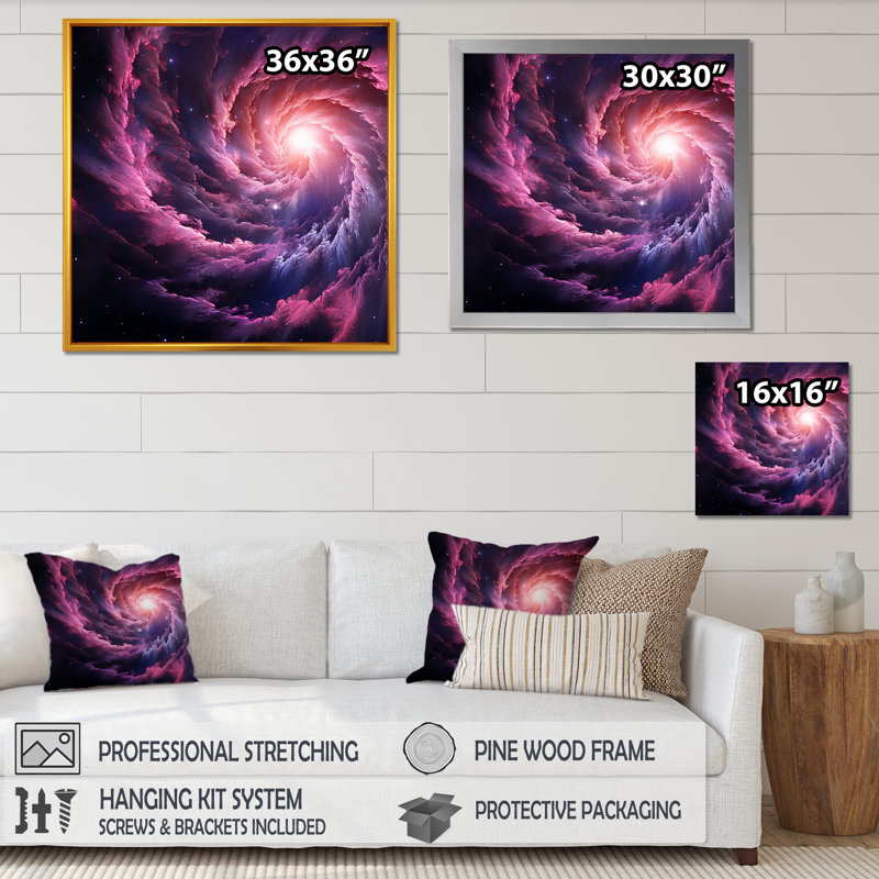 Abstrait galaxie mauve abstraite VI - art abstrait spirales murales, Cadre flottant noir, H 36 po x l 36 po x P 1,5 po