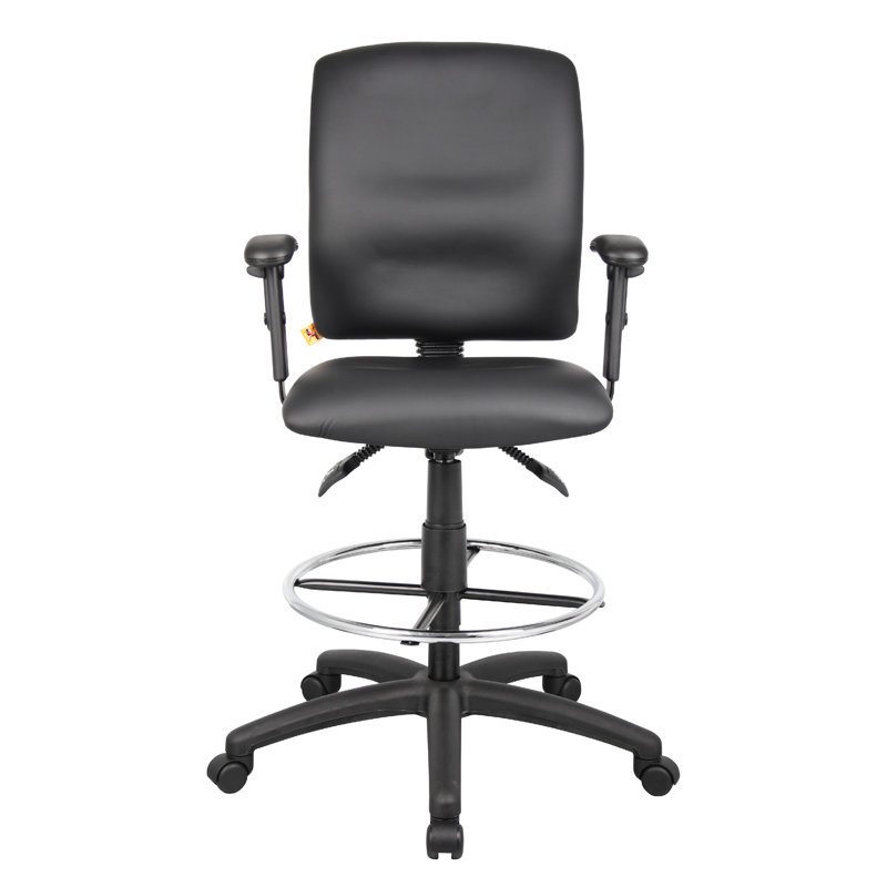 Reza Swivel Drafting Stool, Adjustable Arms, Footring, Black Faux Leather, Black Faux Leather