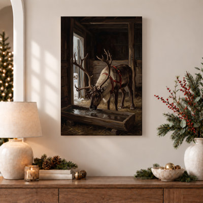 «Reindeer with Red Harness and Bells In Rustic Christmas», art mural sur toile