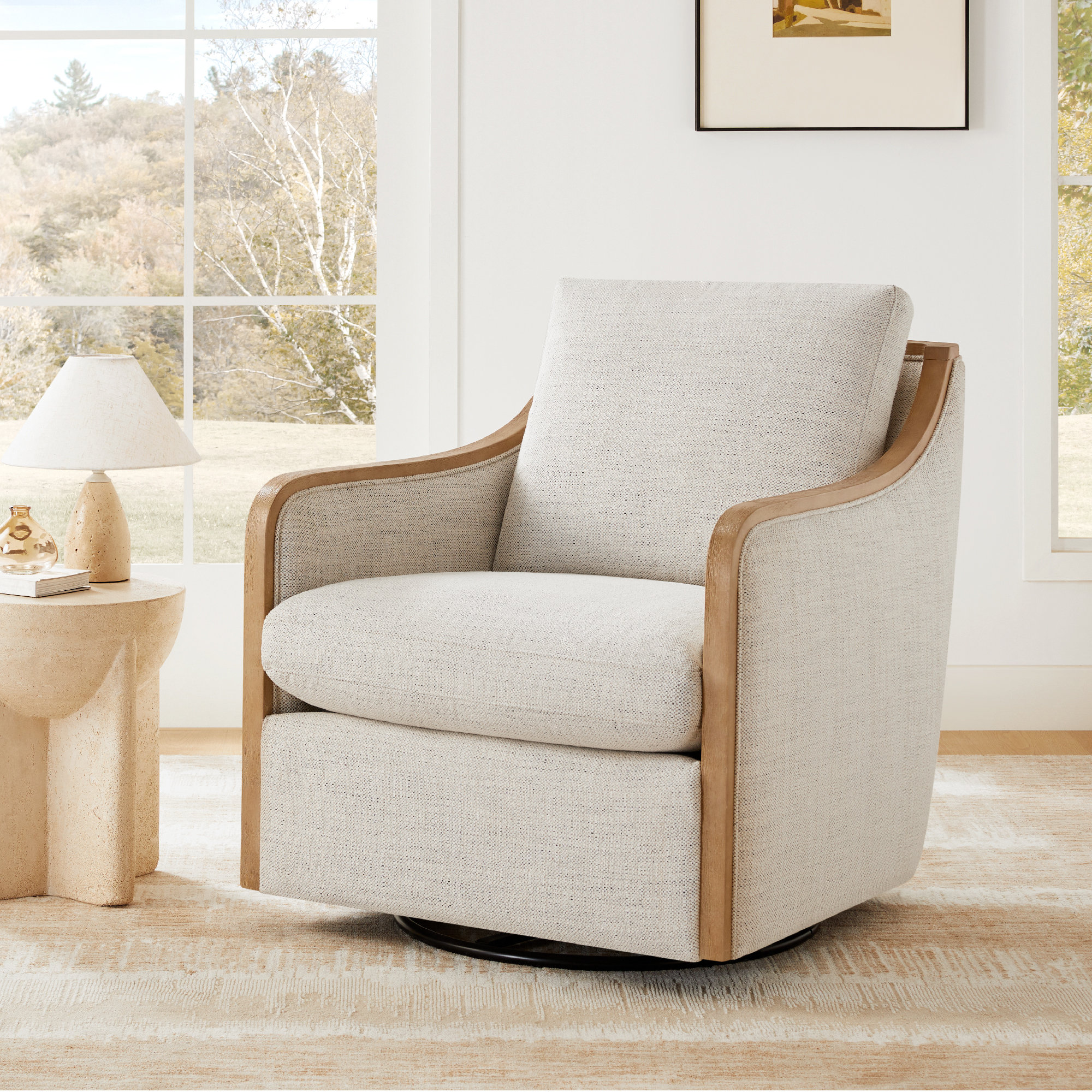 Grayton Oversized Upholstered Swivel Barrel Chair, Prestige Ivory Basketweave