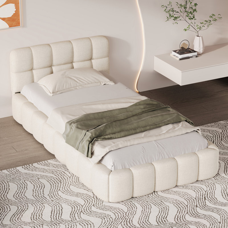 Upholstered Bed with Chunky Padded Headboard, Single (3'), Beige