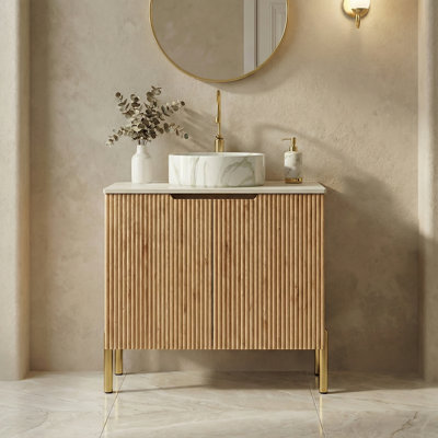 30" Freestanding Bathroom Vanity With Ceramic Sink, Sintered Stone Countertop & Soft-Close Doors
