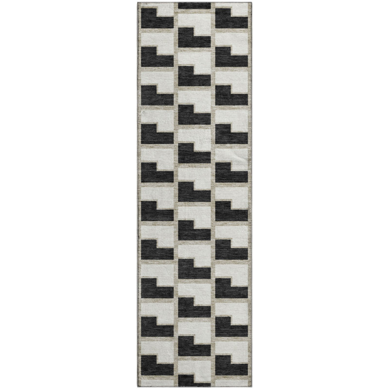 Premium Machine Washable Mayfield AMF2416 Geometric Rug, 2'3" x 7'6" Runner, Black