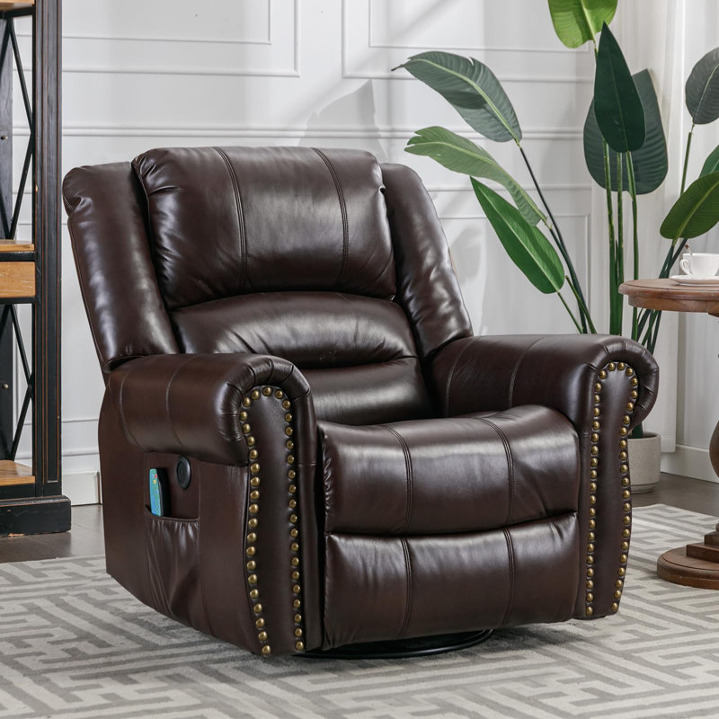 Heated Massage Swivel Rocking Recliner, Brown (Leathaire)