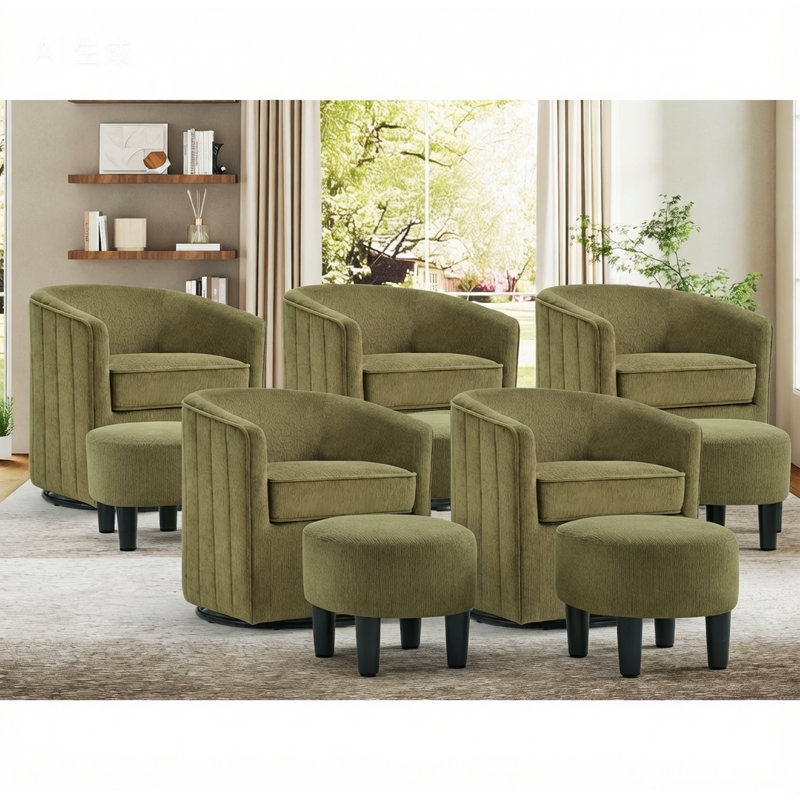 24.4" W Contemporary Upholstered Soft Swivel Barrel Chair And Ottoman, Dark Green, 5