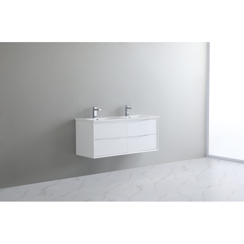 Ensemble de meuble-lavabo double 48 po avec deux tiroirs et éclairage DEL 48 po, Blanc