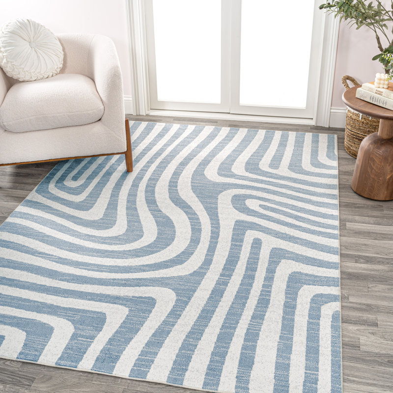 Jossa Abstract Two-Tone Low-Pile Machine-Washable Blue/Cream Rug, Rectangle 7'10" x 10'