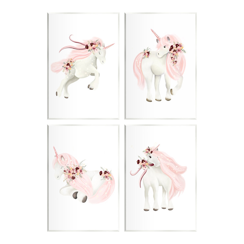 A4-097-Licornes en bois rose pastel 4 pièces, H 19 po x l 13 po x P 0,5 po