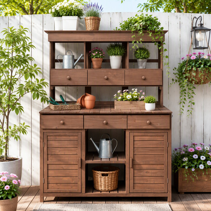 Banc de jardinage haut de 65,7 po avec 6 tiroirs et 3 tablettes, Brun