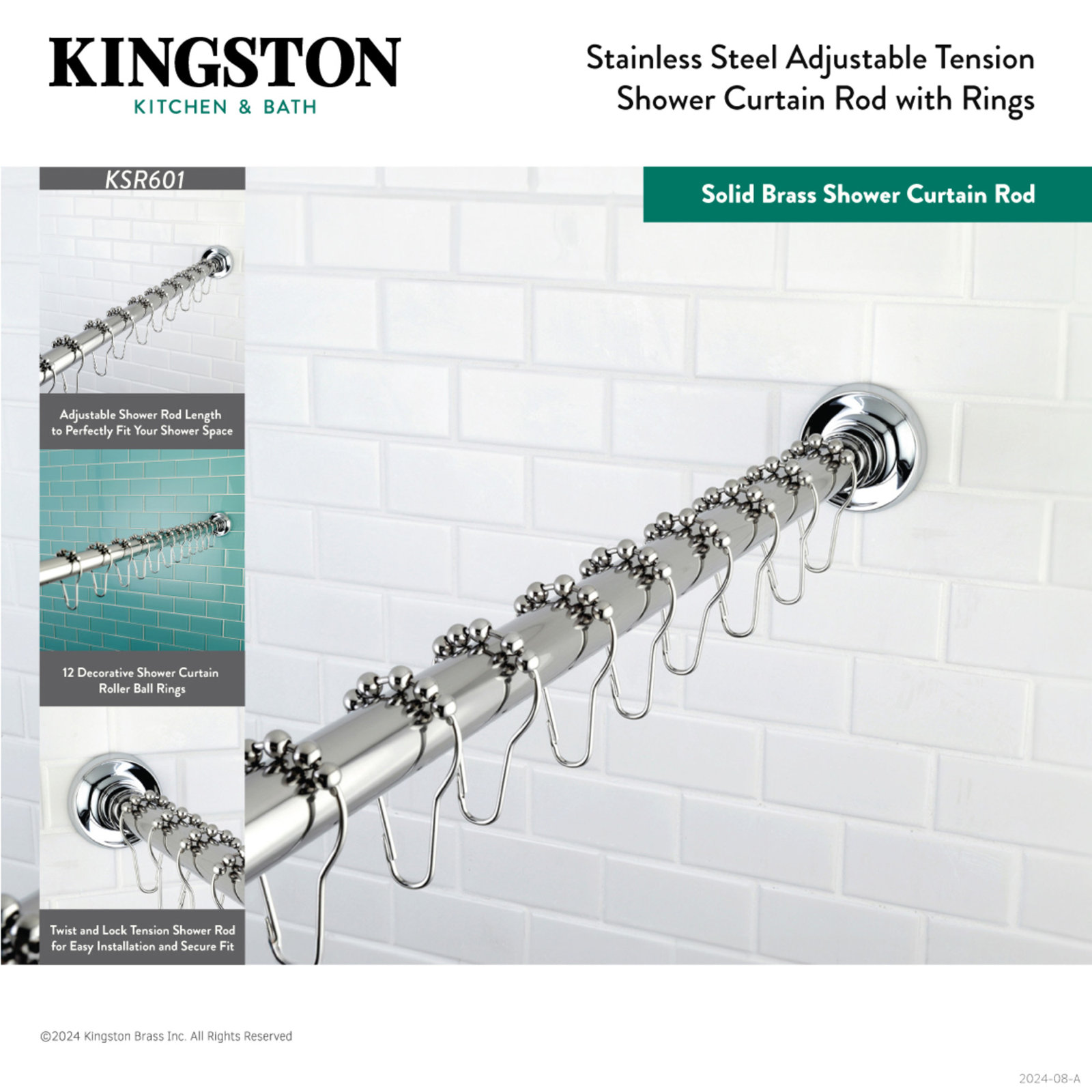Kingston Brass Edenscape 60-Inch to 72-Inch Adjustable Shower Curtain Rod with Rings Combo, Polished Chrome