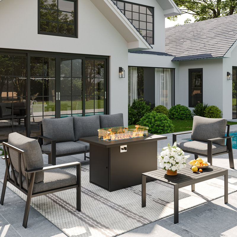 Aluminum Outdoor Conversation Set 5-Person Patio Set With Coffee Table & Firepit, Yes, Dark Gray