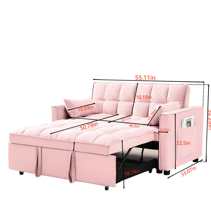 Velours 3 en 1 convertible rose avec lit escamotable et coussins de soutien pour un salon confortable