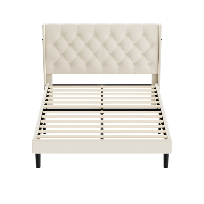 Upholstered Bed Frame with Diamond Button Tufted Headboard, Double (4'6), Beige