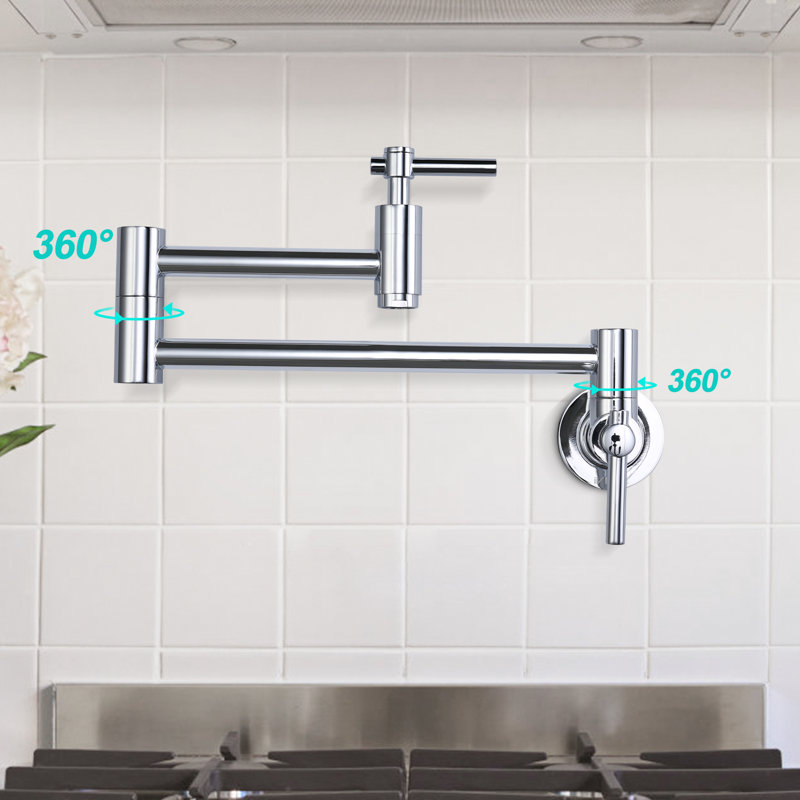 Brass Wall Mounted Two-Handle Pot Filler Kitchen Faucet with Double Joint Swing Arm, Chrome
