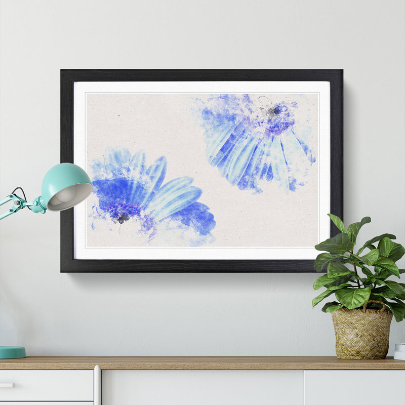 Two Blue Flowers - Single Picture Frame Print on MDF, 33cm H x 45cm W x 2cm D, Black