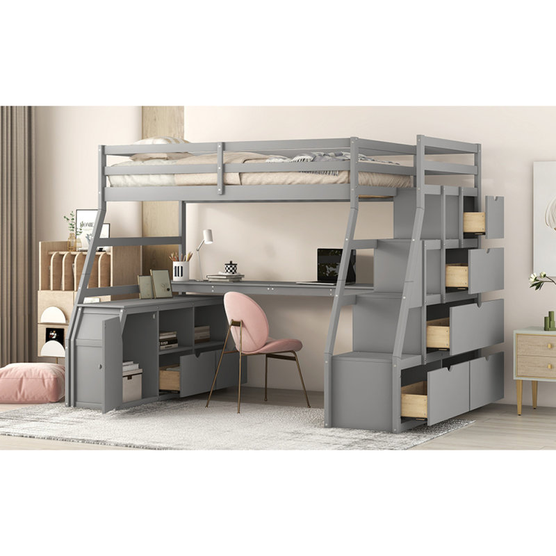 Lit mezzanine simple avec 7 tiroirs, 2 tablettes et bureau - Gris, Gris, Lit simple